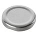 A silver metal lid with a white background.