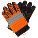 A pair of Cordova Colossus orange and black warehouse gloves with reflective stripes.