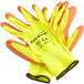 A pair of yellow Cordova warehouse gloves with orange polyurethane coating on the palms.