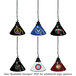 A group of Holland Bar Stool logo pendant lights with black and white logos.