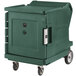 A green Cambro low profile electric hot food holding cabinet on wheels.