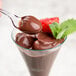 A clear WNA Comet tasting spoon filled with chocolate pudding.