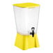 A 5-gallon yellow beverage or juice dispenser with a spigot.