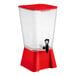 A 5-gallon red beverage or juice dispenser with a spigot.