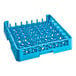 A blue plastic dish rack with open ends and pegs.