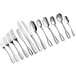 A row of Acopa Scottdale stainless steel dinner spoons.