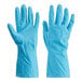 A pair of blue Cordova Latex rubber gloves with a flock lining.