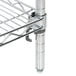 A Metro Super Erecta chrome stationary shelving unit with four metal shelves and two metal rods.