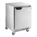 A silver stainless steel Beverage-Air undercounter refrigerator with wheels.