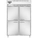 A white stainless steel Continental reach-in freezer with two narrow half doors with silver handles.