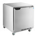 A silver stainless steel Beverage-Air undercounter refrigerator on wheels.