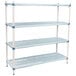 A white MetroMax shelving unit with blue handles and three shelves.