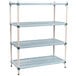 A white MetroMax Q shelving unit with blue shelves.