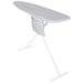 A white ironing board with a silver silicone-coated cover and a storage pocket.