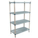A grey MetroMax Q shelving unit with blue shelves and handles.