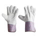 A pair of Cordova warehouse gloves with white leather and rubber cuffs.