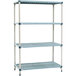 A MetroMax Q blue metal shelving unit with four shelves.