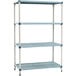 A MetroMax Q blue metal shelving unit with four shelves.