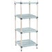 A white MetroMax Q shelving unit with blue shelves and handles.