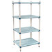 A MetroMax Q three tiered metal shelving unit with blue shelves.