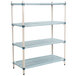 A white MetroMax Q shelving unit with blue shelves and metal shelves.