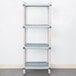 A MetroMax Q shelving unit with white shelves and blue poles on wheels.