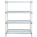 A white MetroMax Q shelving unit with black bars and blue shelves.