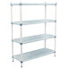 A white MetroMax Q shelving unit with blue handles and four shelves.