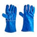 A pair of blue Cordova leather welding gloves with white stitching.