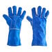 A pair of blue Cordova welding gloves with white trim.