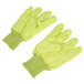 A pair of yellow Cordova work gloves with green stitching.