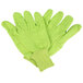 A pack of lime green Cordova jersey gloves with orange stitching.