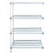 A white MetroMax Q metal shelf with blue handles and three shelves.