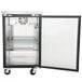 An Avantco black back bar refrigerator with a solid door open.