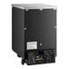 An Avantco black back bar refrigerator with a glass door and wheels.