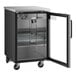 An Avantco black and silver back bar refrigerator with glass doors.