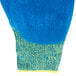 A medium blue glove with yellow and blue crinkle lines.