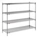 A four-shelf chrome wire stationary shelving unit.