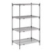 A four-shelf chrome wire stationary shelving unit with adjustable shelves.