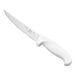 A 6-inch wide stiff boning knife with a white handle.