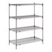 A four-tier chrome wire shelving unit with adjustable shelves and a sturdy metal frame.