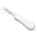 A New Haven style oyster knife with a white handle and a short, rounded stainless steel blade.