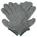 A pair of Cordova gray gloves with two-sided criss-cross PVC coating and green trim on a white background.