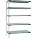 A MetroMax 4 stationary shelving add on unit with five shelves and metal slats.