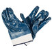 A pair of blue Cordova Rough Supported Nitrile gloves with white jersey lining.