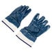 A pair of blue Cordova work gloves with white trim on the cuffs.