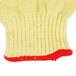 A yellow and red knitted fabric glove.