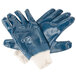 A pair of blue Cordova nitrile gloves with blue palms and white jersey lining.