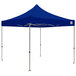 A blue Caravan Canopy tent with poles and white text on the sides.