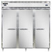 The open stainless steel doors of a Continental Dual Temperature Reach-In Refrigerator/Freezer.